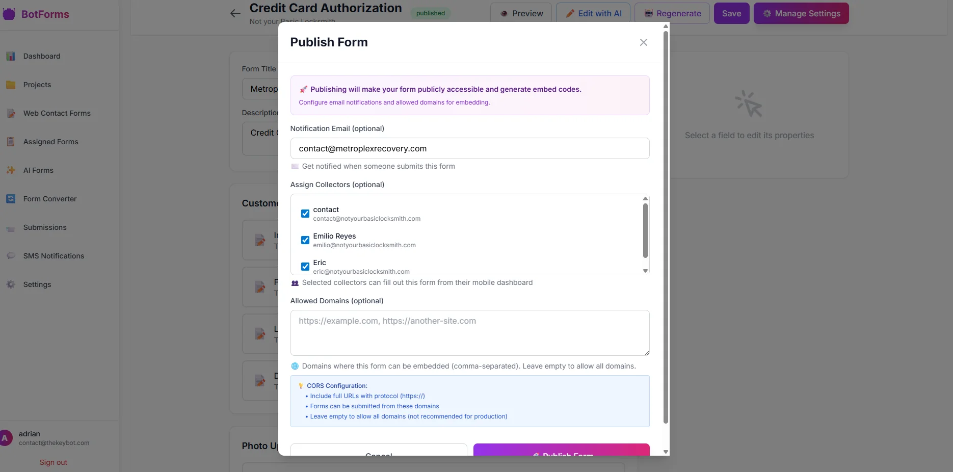 Form submission management dashboard with filtering and export options